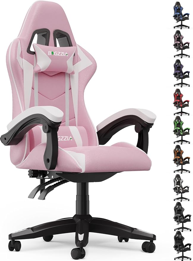 Bigzzia Ergonomic Gaming Chair Pink Adjustable Headrest and Lumbar Support