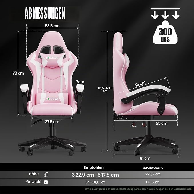 SUKIDA Ergonomic Gaming Chair with Footrest and Lumbar Support – PINKE