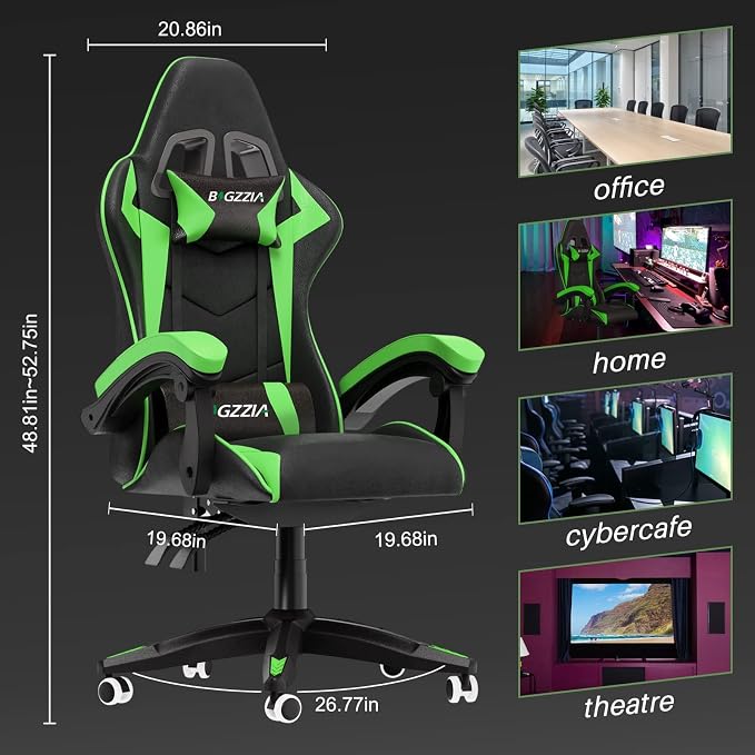 Bigzzia Ergonomic Gaming Chair Green Adjustable Headrest and Lumbar Support
