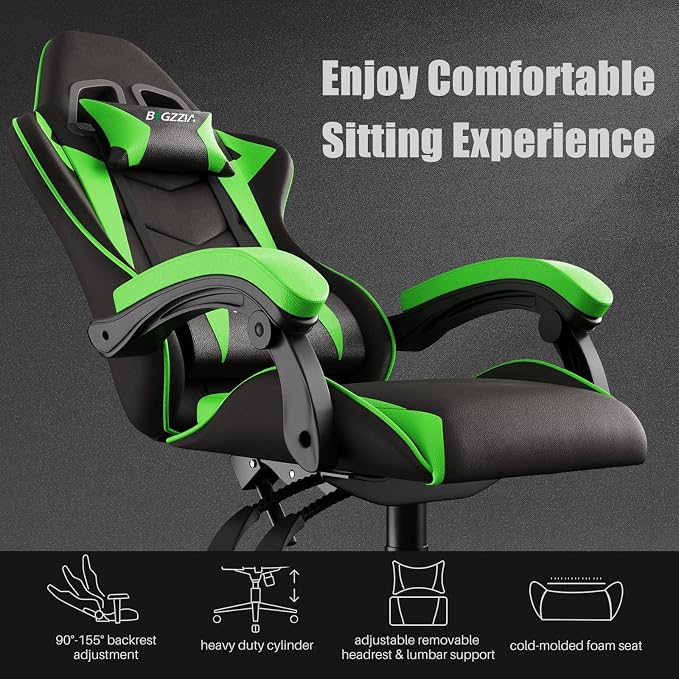 Bigzzia Ergonomic Gaming Chair Green Adjustable Headrest and Lumbar Support