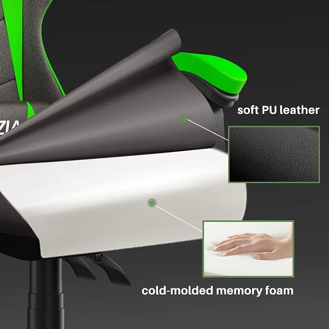 Bigzzia Ergonomic Gaming Chair Green Adjustable Headrest and Lumbar Support