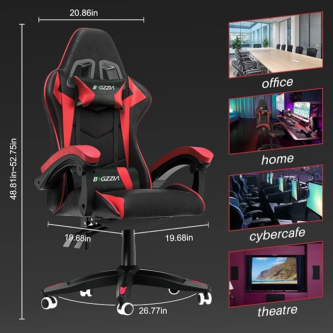 Bigzzia Ergonomic Gaming Chair Red Adjustable Headrest and Lumbar Support