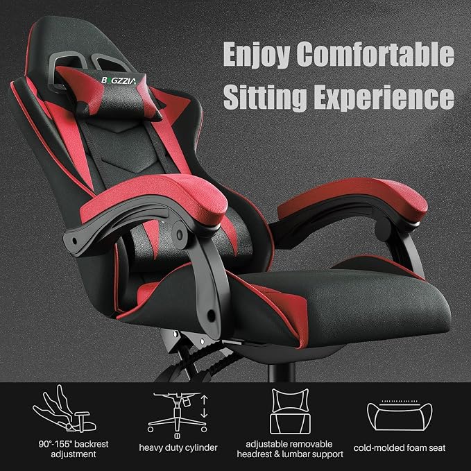 Bigzzia Ergonomic Gaming Chair Red Adjustable Headrest and Lumbar Support