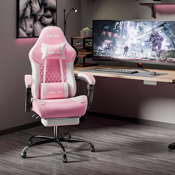SUKIDA Ergonomic Gaming Chair with Footrest and Lumbar Support – PINK White