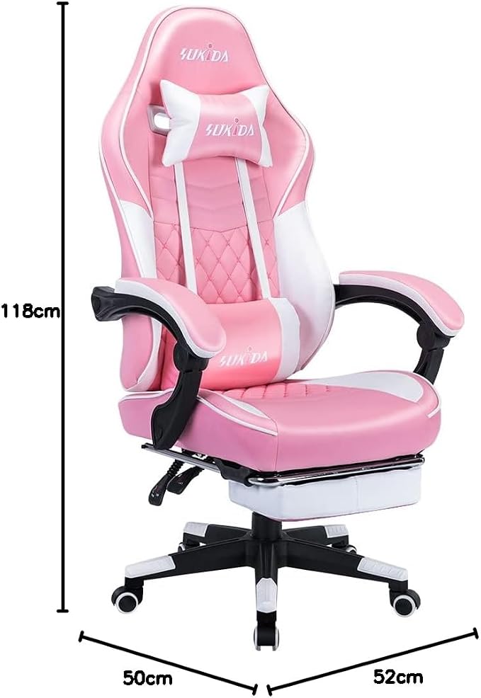 SUKIDA Ergonomic Gaming Chair with Footrest and Lumbar Support – PINK White
