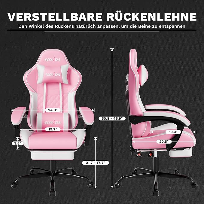SUKIDA Ergonomic Gaming Chair with Footrest and Lumbar Support – PINK White