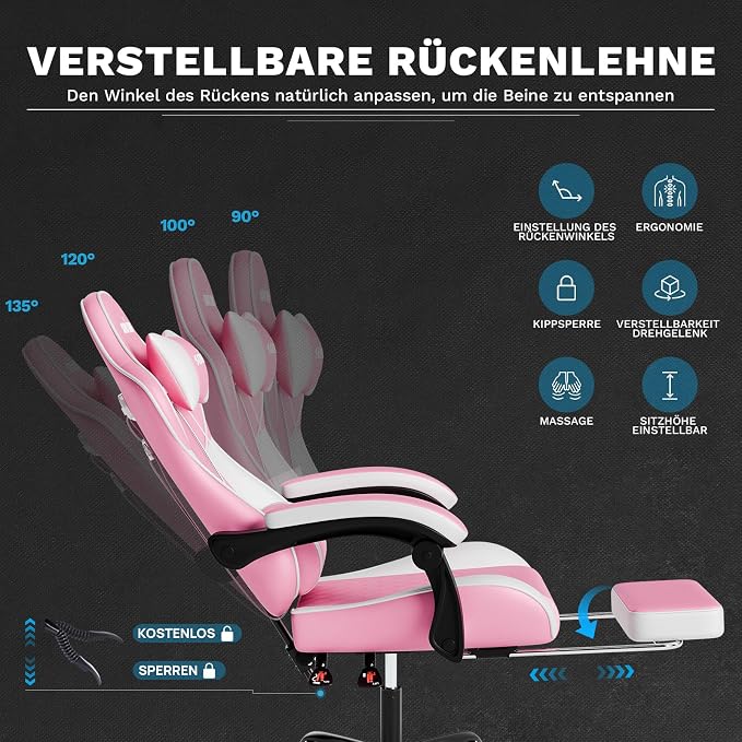 SUKIDA Ergonomic Gaming Chair with Footrest and Lumbar Support – PINK White