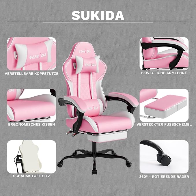 SUKIDA Ergonomic Gaming Chair with Footrest and Lumbar Support – PINK White
