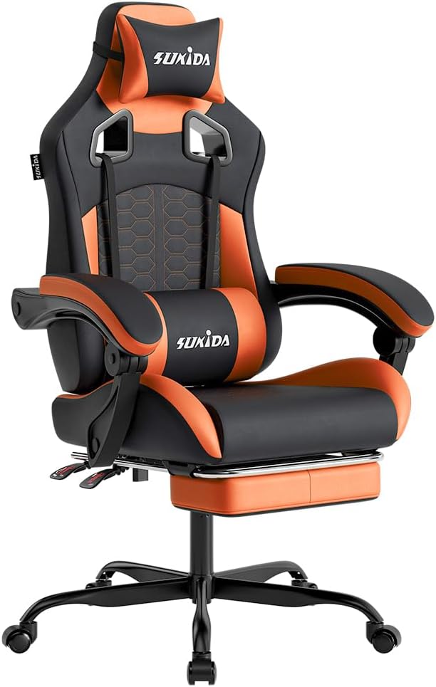 SUKIDA Ergonomic Gaming Chair with Footrest and Lumbar Support – Orange