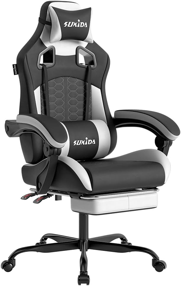 SUKIDA Ergonomic Gaming Chair with Footrest and Lumbar Support – White