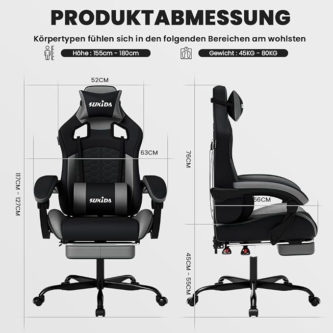 SUKIDA Ergonomic Gaming Chair with Footrest and Lumbar Support – Black