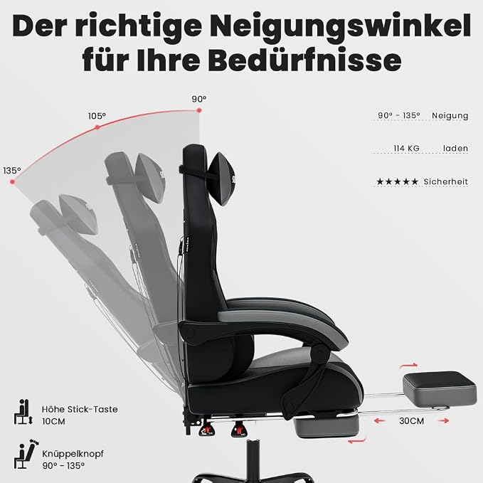 SUKIDA Ergonomic Gaming Chair with Footrest and Lumbar Support – Black