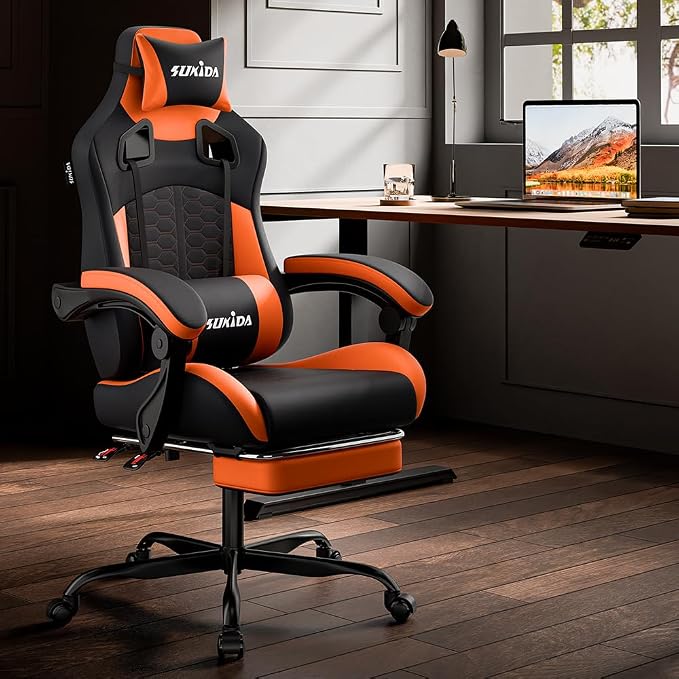 SUKIDA Ergonomic Gaming Chair with Footrest and Lumbar Support – Orange