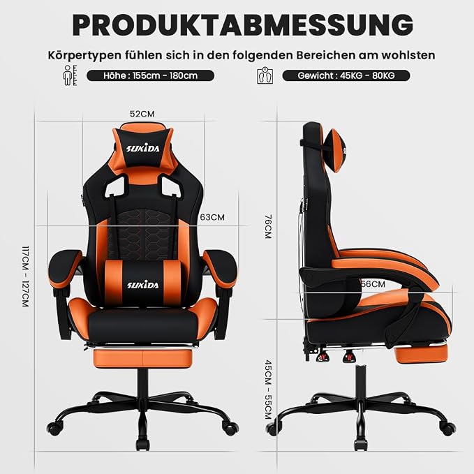 SUKIDA Ergonomic Gaming Chair with Footrest and Lumbar Support – Orange
