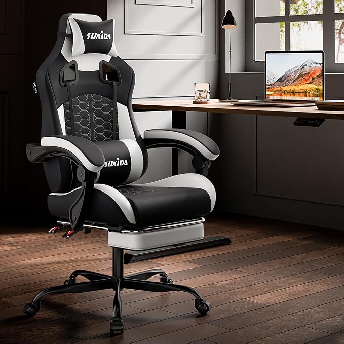 SUKIDA Ergonomic Gaming Chair with Footrest and Lumbar Support – White