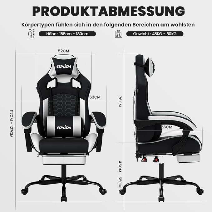 SUKIDA Ergonomic Gaming Chair with Footrest and Lumbar Support – White