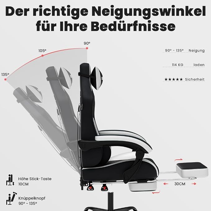 SUKIDA Ergonomic Gaming Chair with Footrest and Lumbar Support – White