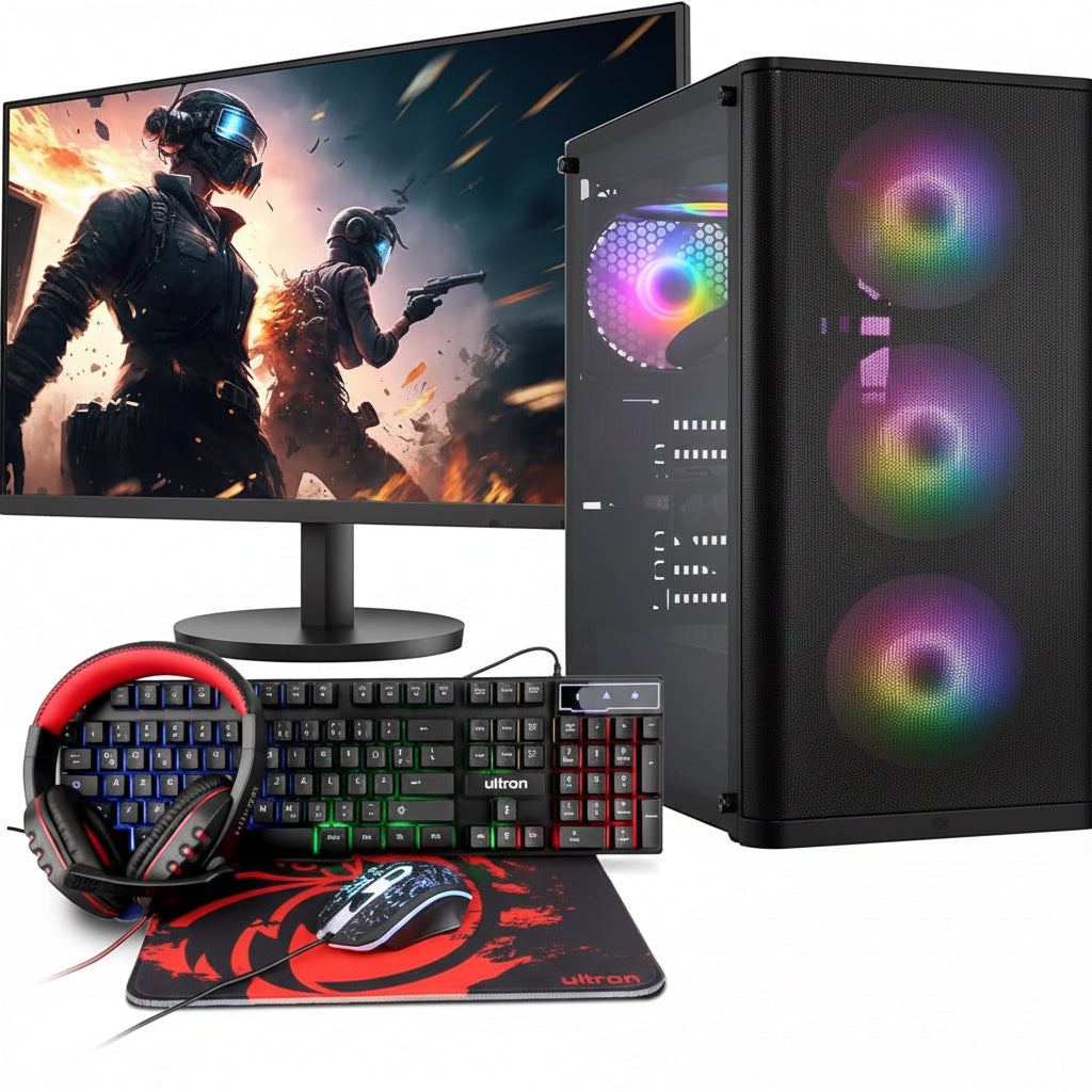 Complete Gaming PC Bundle — Ryzen 5 3400G, Radeon Vega 11, 16GB RAM, 1TB SSD, Windows 11 Pro + 24" Monitor + Ultron Hawk 4-in-1 Gaming Kit