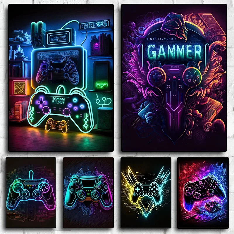 Neon Gaming Controller Wall Art Canvas