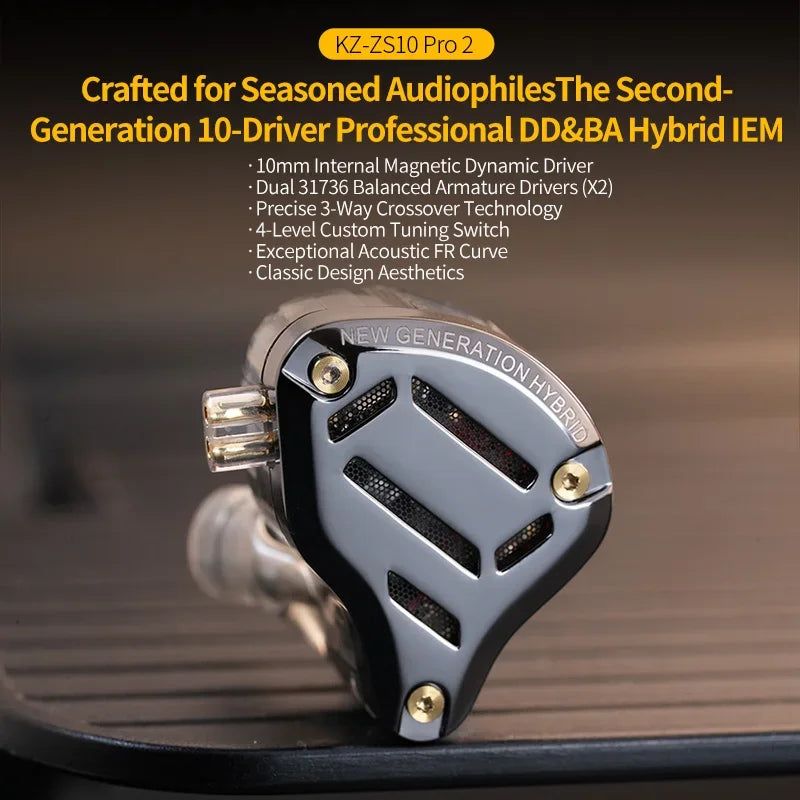 KZ ZS10 Pro 2 In-Ear Monitors — 4-Level Tuning Switch, Metal Shell