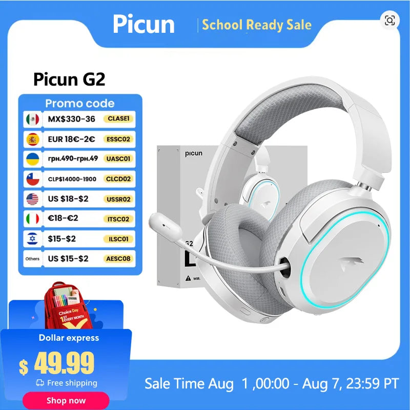 Picun G2 Wireless Gaming Headset — 2.4GHz & Bluetooth 5.3, 7.1 Surround, 100H Battery
