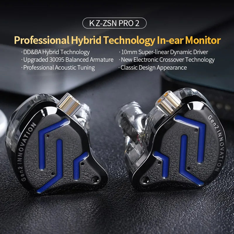 KZ ZSN Pro 2 In-Ear Monitors — 1BA+1DD Hybrid Drivers, Metal Shell