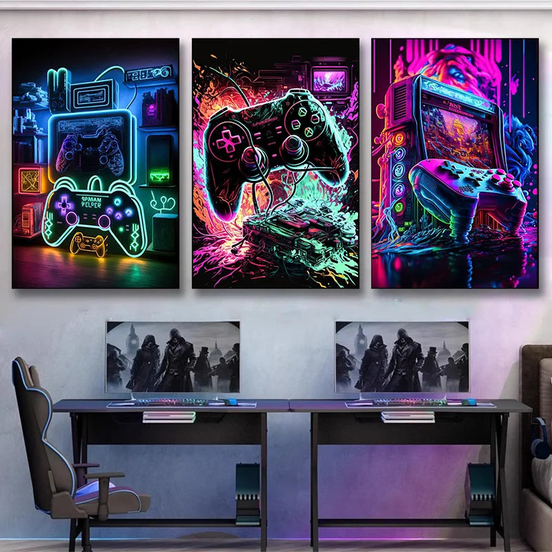 Neon Gaming Controller Wall Art Canvas