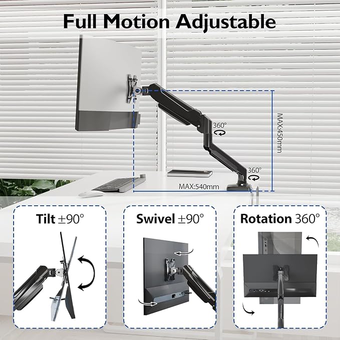BONTEC Monitor Arm Mount — 13-32" Screens, Gas Lift, VESA 75/100mm, Swivel & Tilt