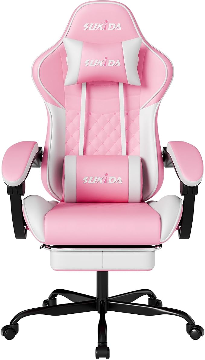 SUKIDA Ergonomic Gaming Chair with Footrest and Lumbar Support – PINK White
