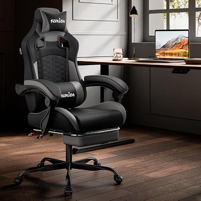 SUKIDA Ergonomic Gaming Chair with Footrest and Lumbar Support – Black
