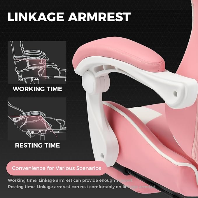 GTPLAYER Gaming Chair — Massage Function, Ergonomic Footrest, Padded, 360° Swivel, Up to 150kg — Pink