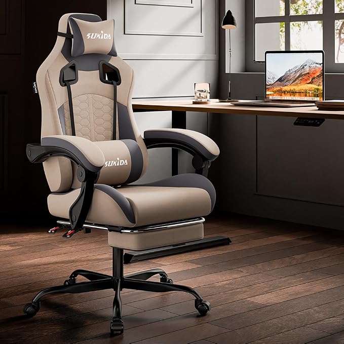 SUKIDA Ergonomic Gaming Chair with Footrest and Lumbar Support – Bege