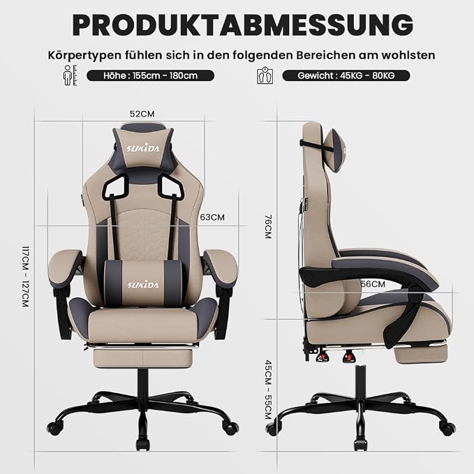SUKIDA Ergonomic Gaming Chair with Footrest and Lumbar Support – Bege