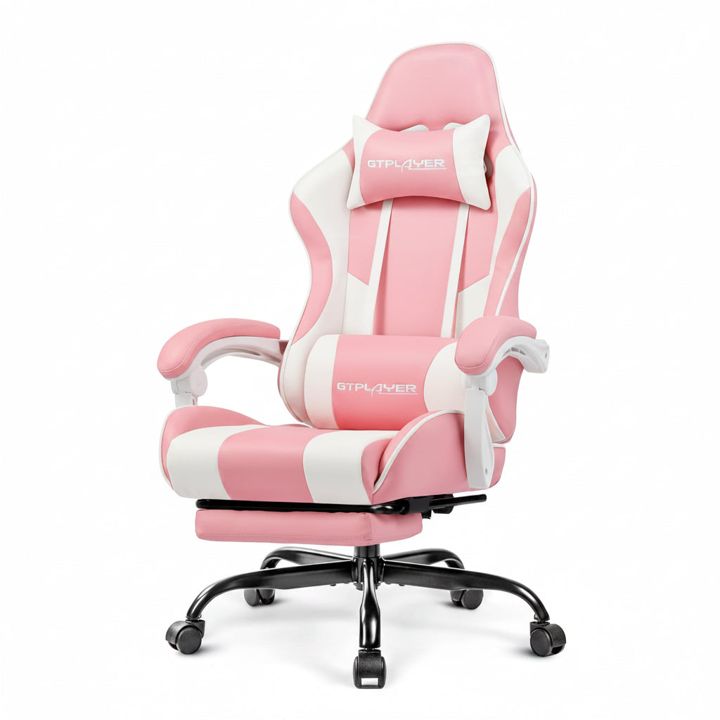 GTPLAYER Gaming Chair — Massage Function, Ergonomic Footrest, Padded, 360° Swivel, Up to 150kg — Pink