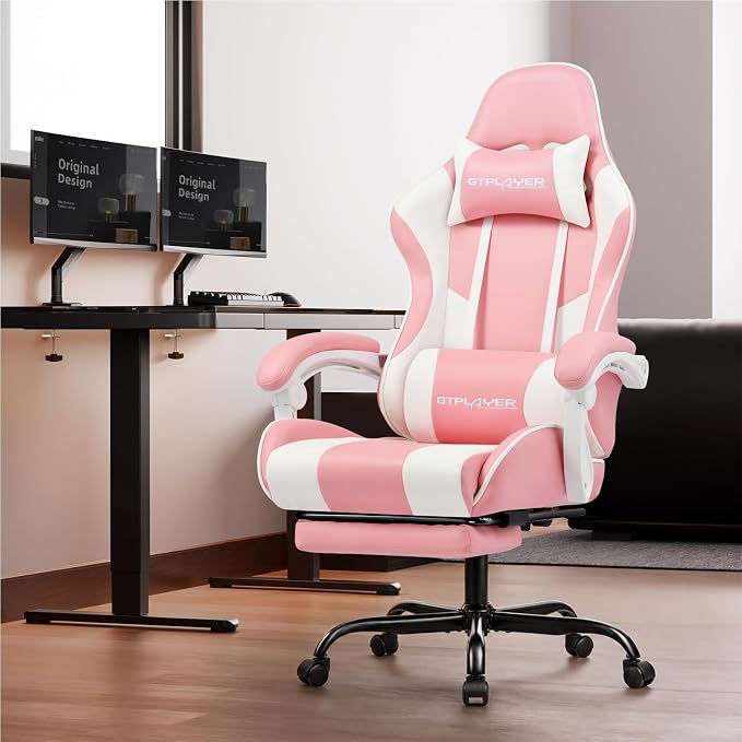 GTPLAYER Gaming Chair — Massage Function, Ergonomic Footrest, Padded, 360° Swivel, Up to 150kg — Pink