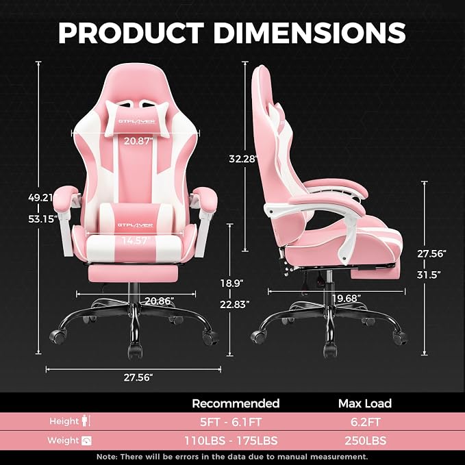 GTPLAYER Gaming Chair — Massage Function, Ergonomic Footrest, Padded, 360° Swivel, Up to 150kg — Pink