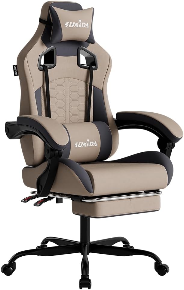 SUKIDA Ergonomic Gaming Chair with Footrest and Lumbar Support – Bege