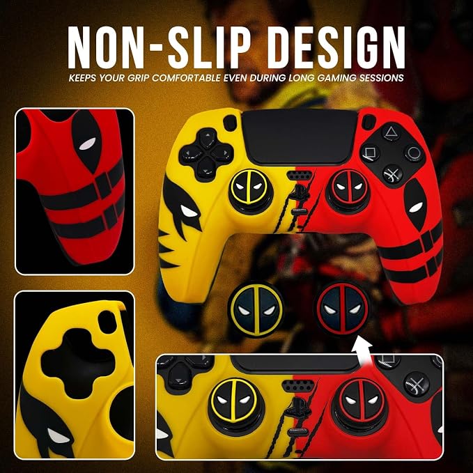 ElitePlay Dpool vs Wolve Silicone Case for PS5 Controller — Anti-Slip Yellow & Red + Thumb Stick Grips