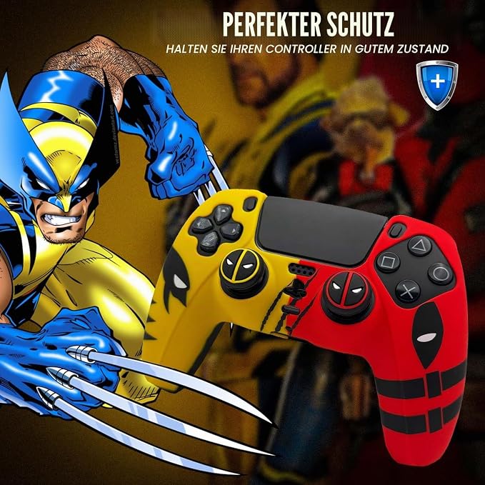 ElitePlay Dpool vs Wolve Silicone Case for PS5 Controller — Anti-Slip Yellow & Red + Thumb Stick Grips
