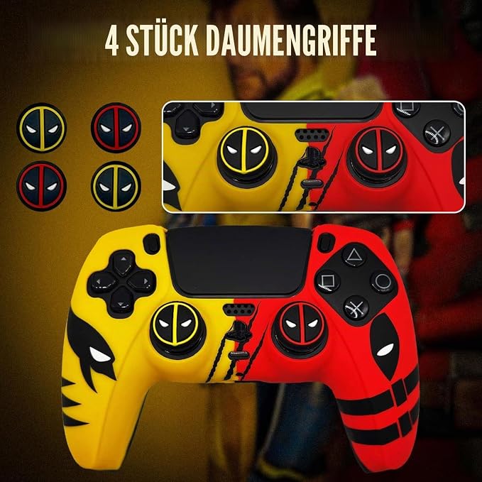 ElitePlay Dpool vs Wolve Silicone Case for PS5 Controller — Anti-Slip Yellow & Red + Thumb Stick Grips