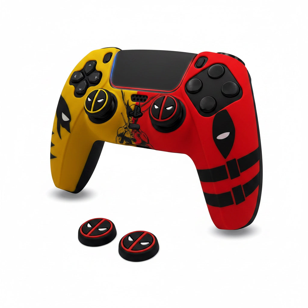 ElitePlay Dpool vs Wolve Silicone Case for PS5 Controller — Anti-Slip Yellow & Red + Thumb Stick Grips