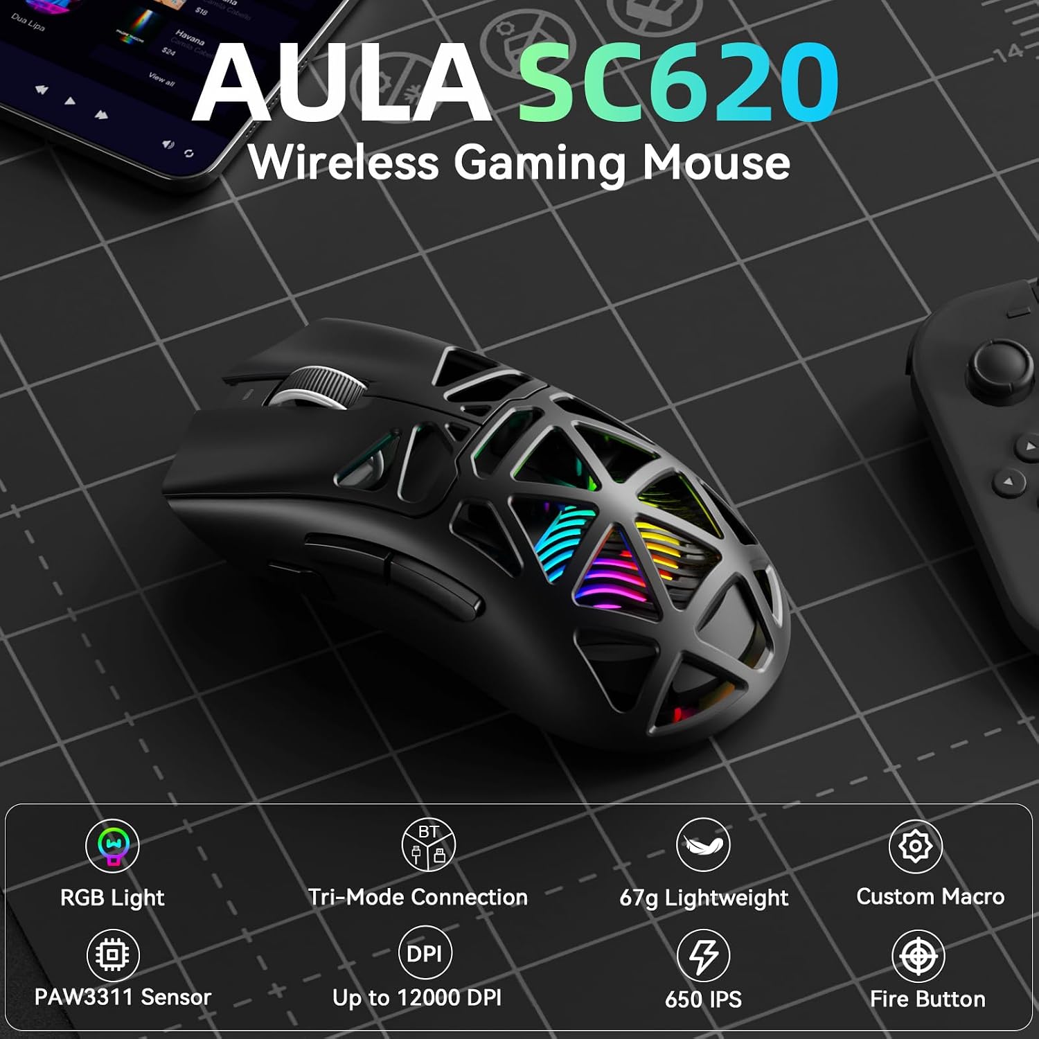 SC620 RGB Wireless Gaming Mouse — 12000 DPI, 8KHz, 7 Programmable Buttons