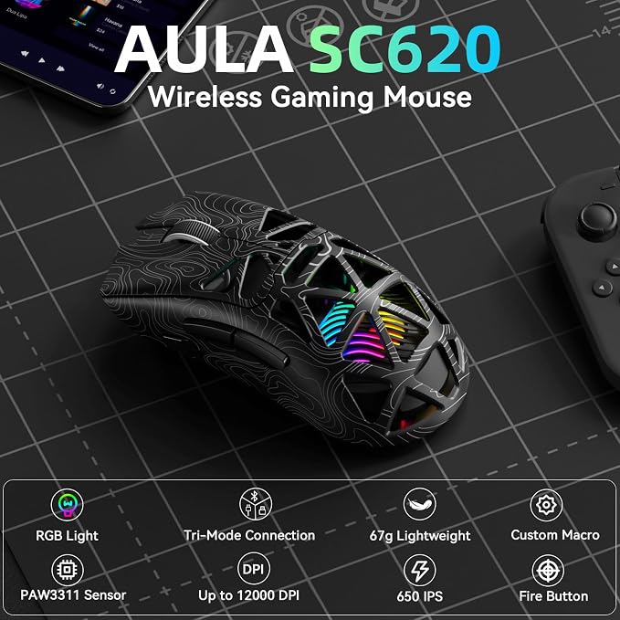 SC620 RGB Wireless Gaming Mouse — 12000 DPI, 8KHz, 7 Programmable Buttons