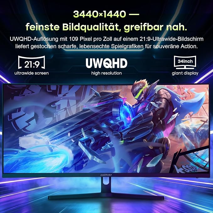 Amzfast 34" Curved Gaming Monitor — UWQHD 3440x1440, 240Hz, 1ms, HDR 400, HDMI 2.1