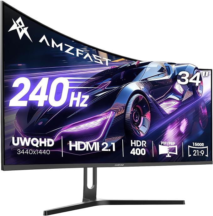 Amzfast 34" Curved Gaming Monitor — UWQHD 3440x1440, 240Hz, 1ms, HDR 400, HDMI 2.1