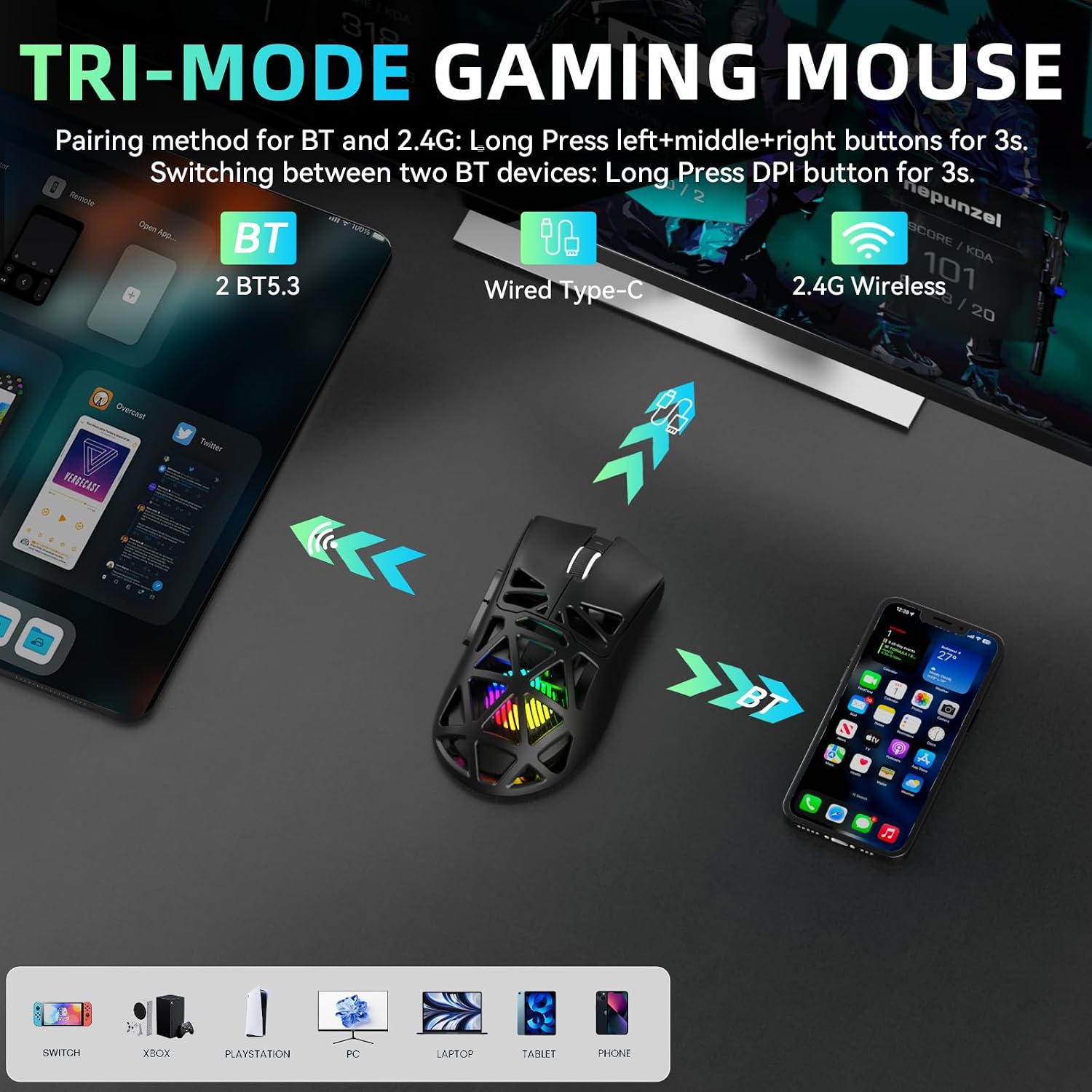 SC620 RGB Wireless Gaming Mouse — 12000 DPI, 8KHz, 7 Programmable Buttons